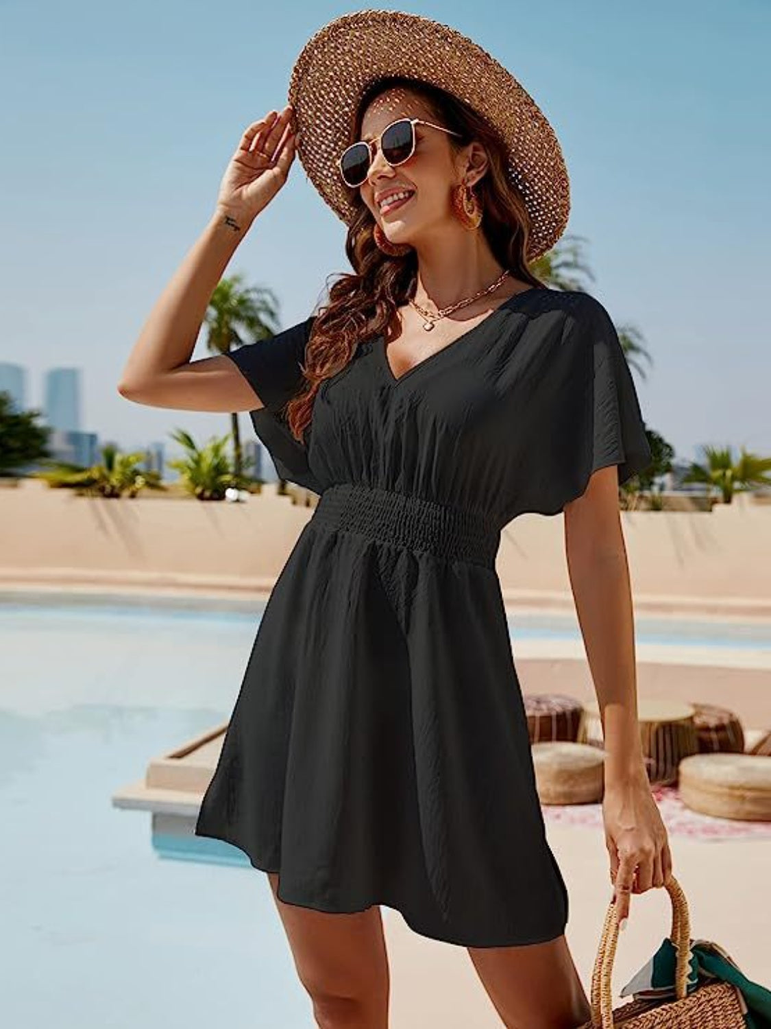 Smocked V-Neck Short Sleeve Dress Black S Dresses by Trendsi | Fleurcouture