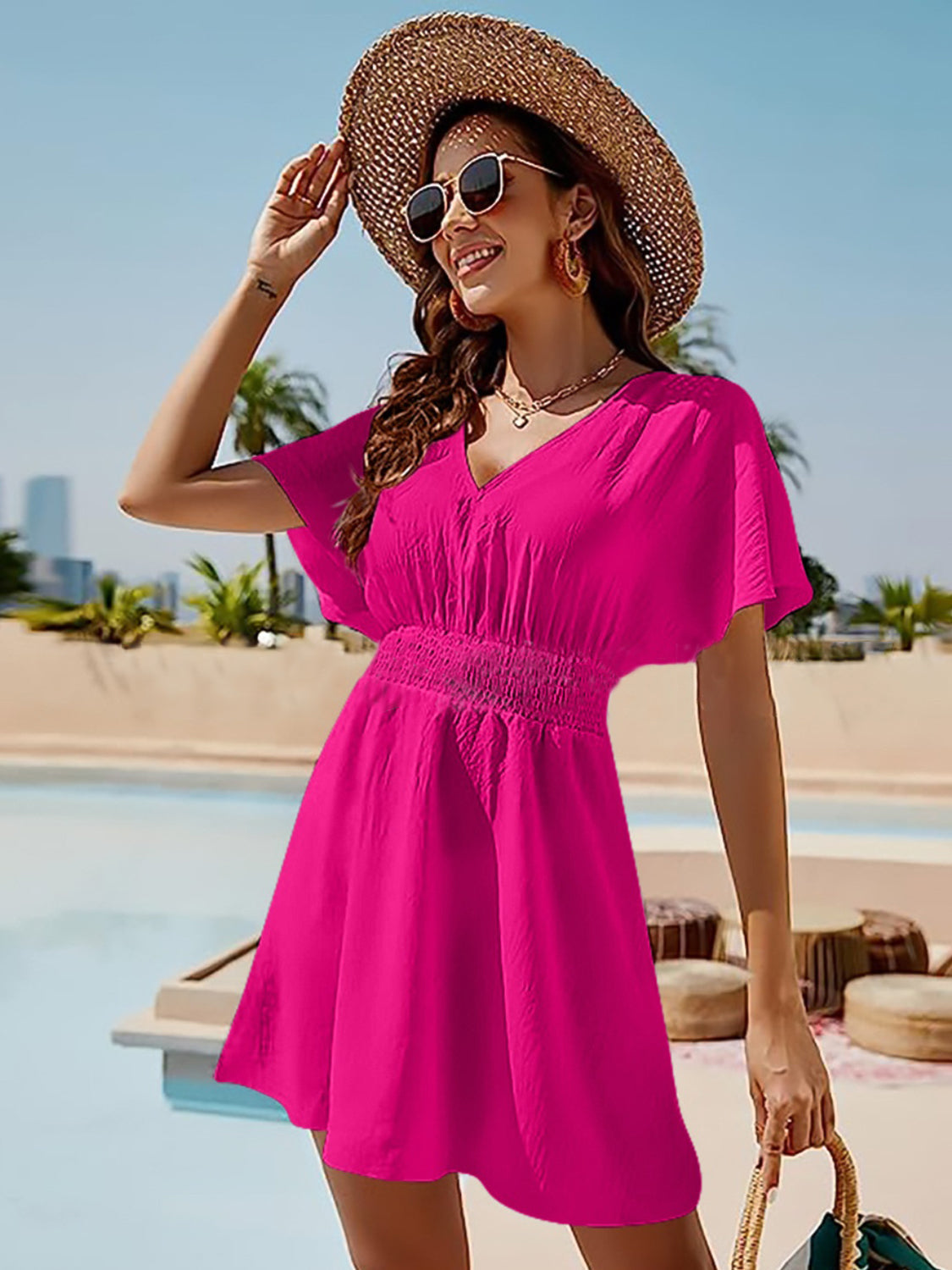 Smocked V-Neck Short Sleeve Dress Deep Rose S Dresses by Trendsi | Fleurcouture