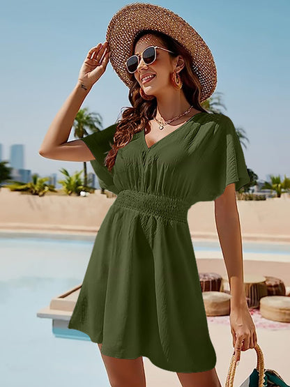 Smocked V-Neck Short Sleeve Dress Moss S Dresses by Trendsi | Fleurcouture