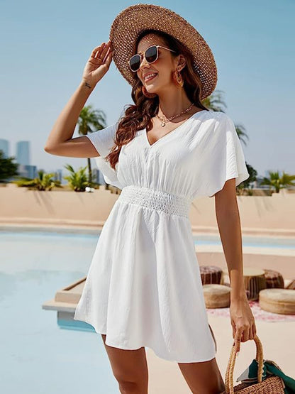 Smocked V-Neck Short Sleeve Dress White S Dresses by Trendsi | Fleurcouture