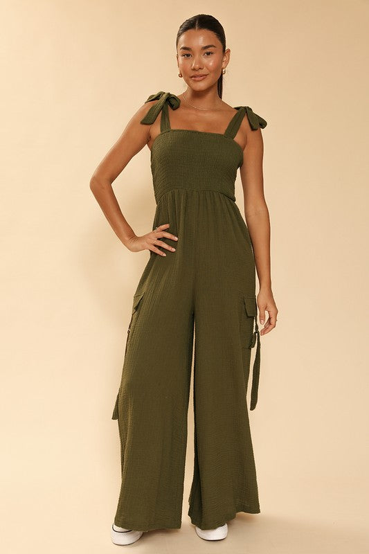 Smocked wide leg cargo jumpsuit Olive S by Miss Sparkling | Fleurcouture