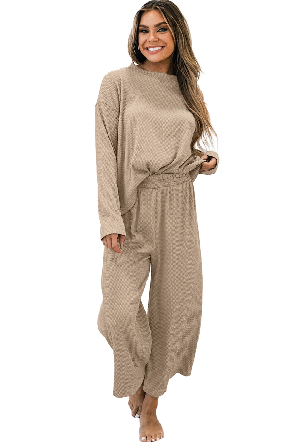 Smoke Gray Loose Textured Pullover and Pants Outfit Smoke Gray 95%Polyester+5%Elastane Loungewear by Fleurcouture | Fleurcouture