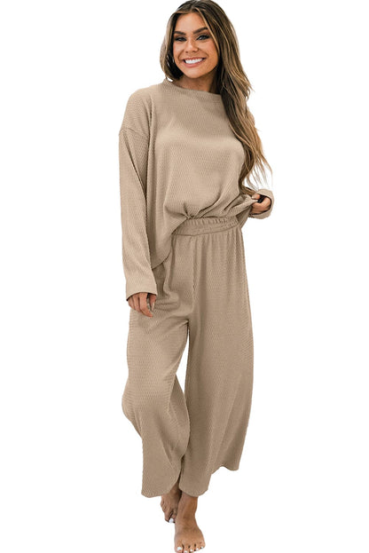 Smoke Gray Loose Textured Pullover and Pants Outfit Smoke Gray 95%Polyester+5%Elastane Loungewear by Fleurcouture | Fleurcouture