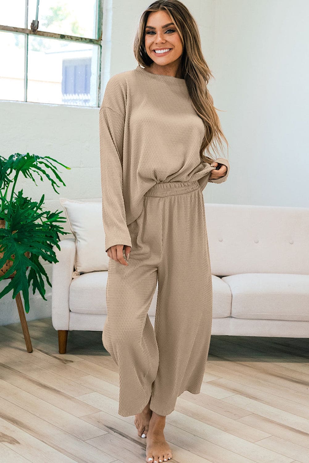 Smoke Gray Loose Textured Pullover and Pants Outfit Smoke Gray 95%Polyester+5%Elastane Loungewear by Fleurcouture | Fleurcouture
