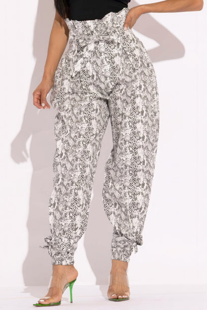 Snake Skin Printed Paper Bag Style Cargo Pants by Fleurcouture | Fleurcouture
