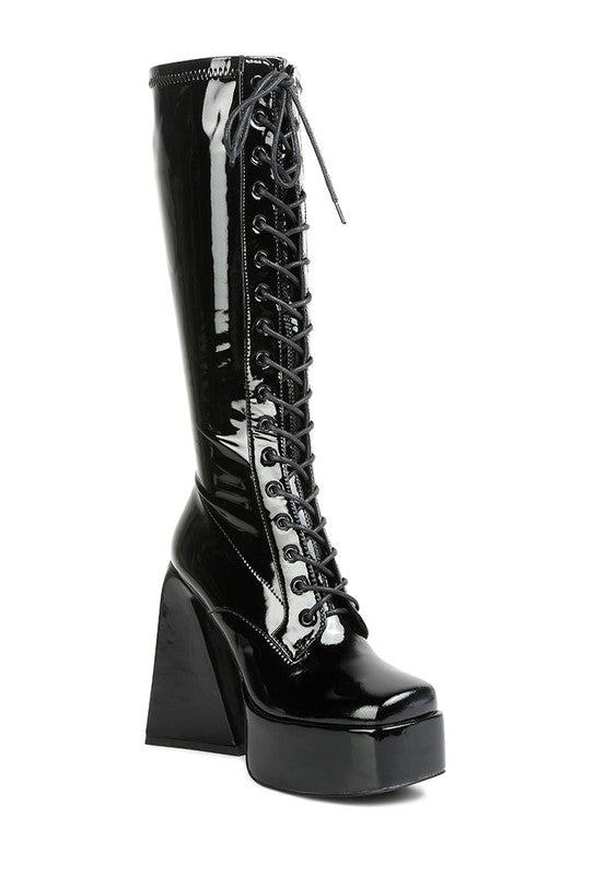 Snowflakes Patent Pu High Platform Calf Boots Black 5 by Rag Company | Fleurcouture