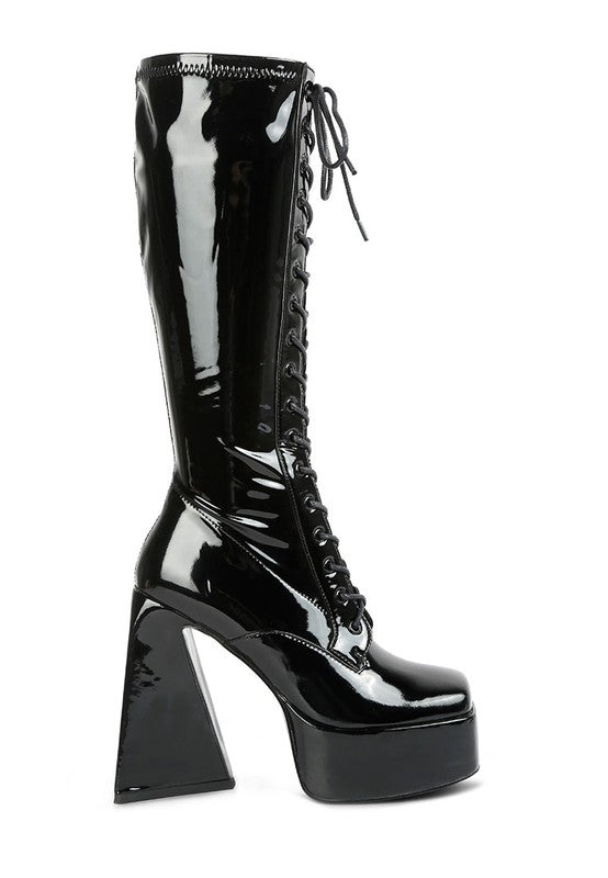 Snowflakes Patent Pu High Platform Calf Boots by Rag Company | Fleurcouture