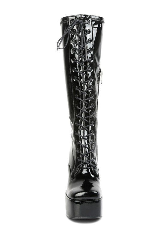 Snowflakes Patent Pu High Platform Calf Boots by Rag Company | Fleurcouture