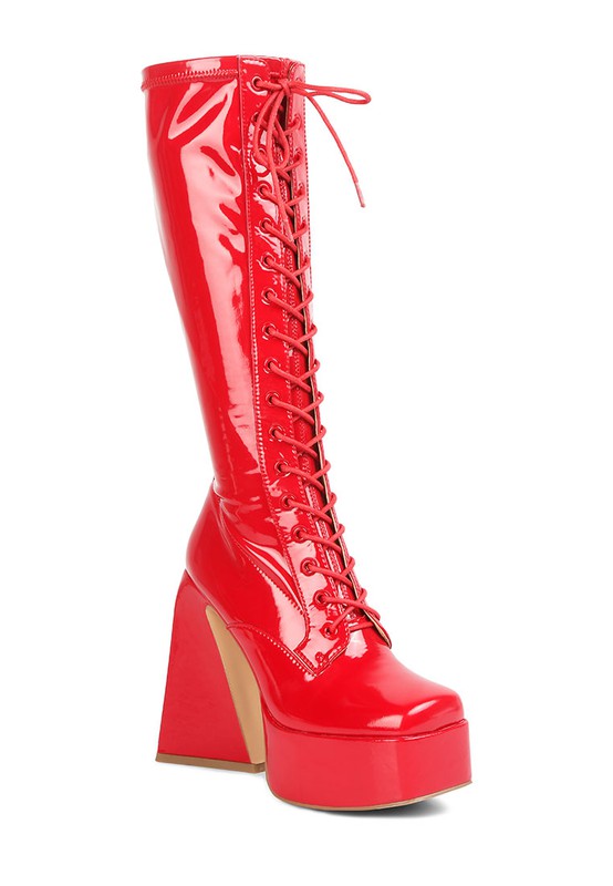 Snowflakes Patent Pu High Platform Calf Boots Red 5 by Rag Company | Fleurcouture