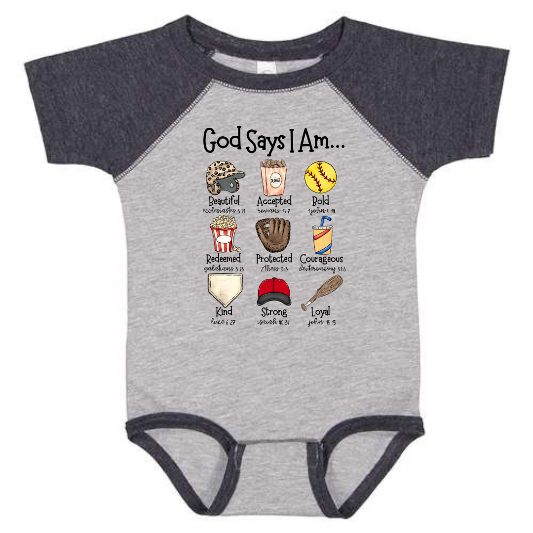 Softball God Says I Am Infant Raglan Bodysuit Baby &amp; Toddler Clothing by Tea Shirt Shoppe | Fleurcouture