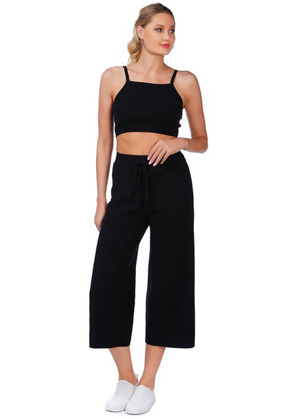 Solid Casual Drawstring Cropped Pants Black XS by Rag Company | Fleurcouture