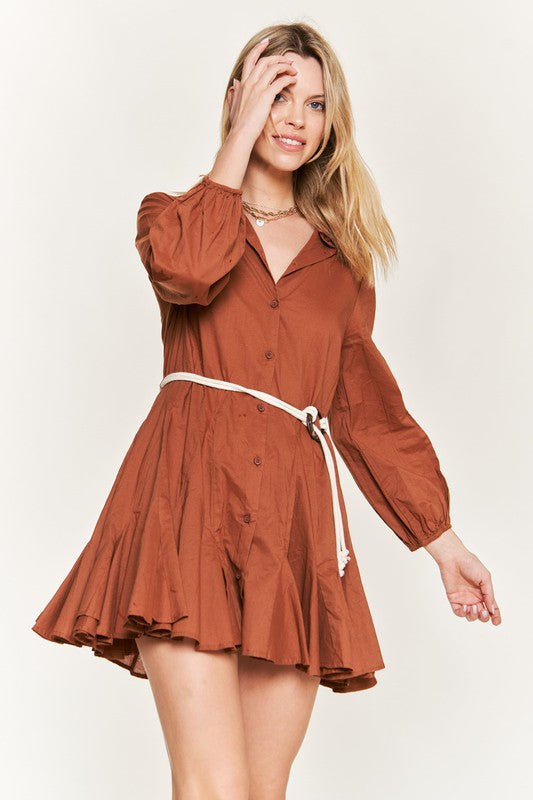 SOLID FLARE SHIRT DRESS KRD4190 MOCHA S by Jade By Jane | Fleurcouture