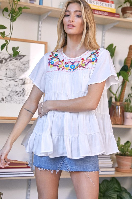 Solid Flared Short Sleeve Top by Davi &amp; Dani | Fleurcouture