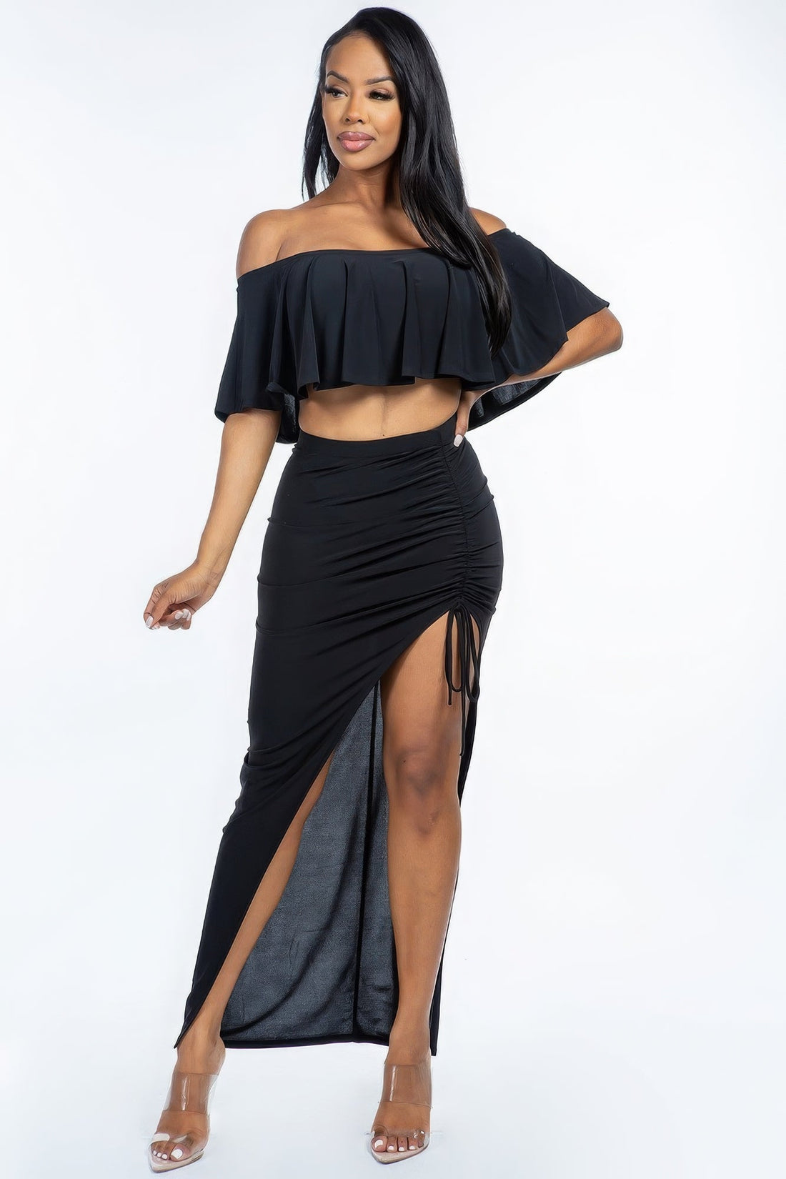 Solid Ity Off The Shoulder Ruffled Cropped Top And Ruched Maxi Skirt Two Piece Set by Fleurcouture | Fleurcouture