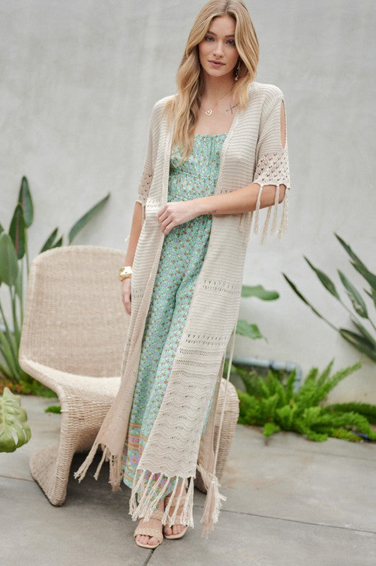 Solid Long Cardigan With Fringe by Davi &amp; Dani | Fleurcouture