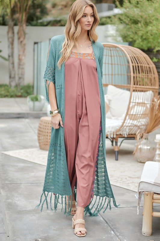 Solid Long Cardigan With Fringe by Davi &amp; Dani | Fleurcouture