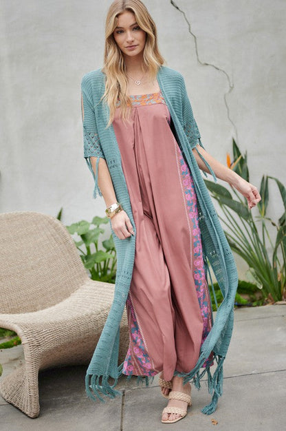 Solid Long Cardigan With Fringe by Davi &amp; Dani | Fleurcouture