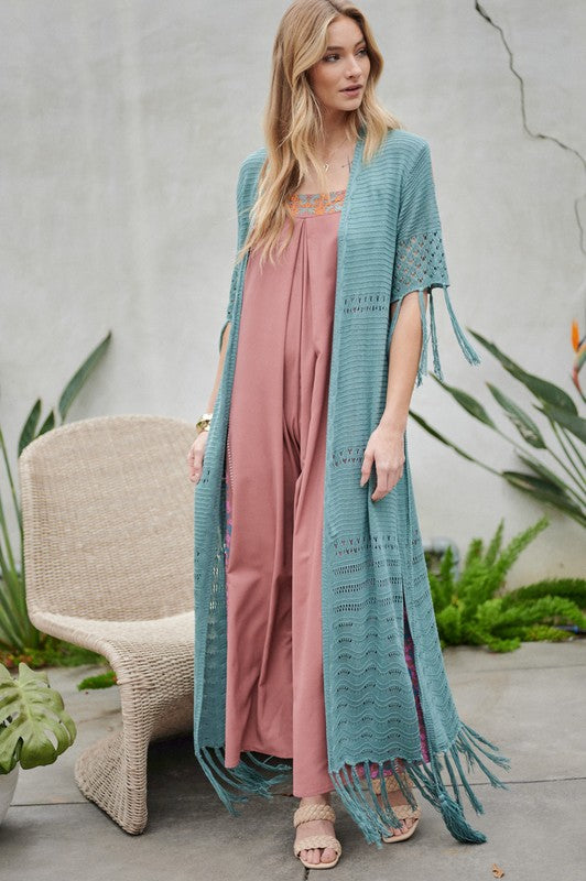 Solid Long Cardigan With Fringe by Davi &amp; Dani | Fleurcouture