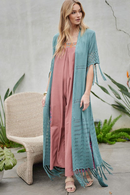 Solid Long Cardigan With Fringe by Davi &amp; Dani | Fleurcouture