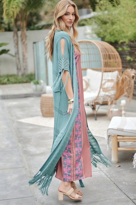 Solid Long Cardigan With Fringe by Davi &amp; Dani | Fleurcouture