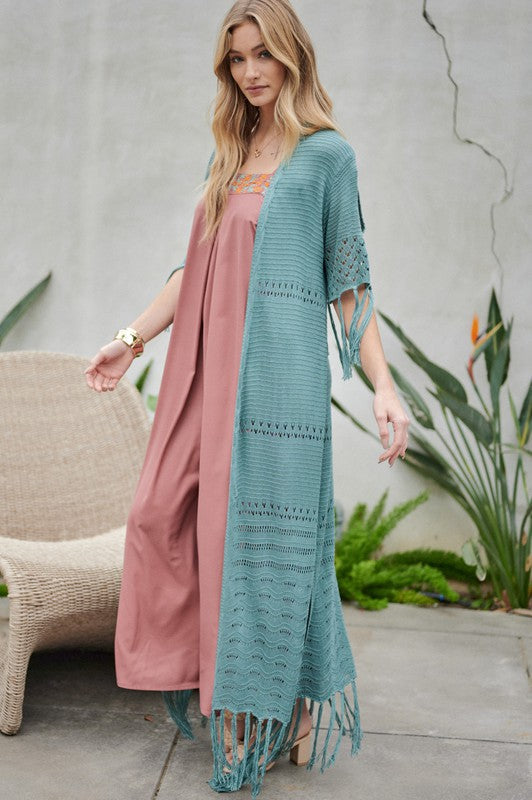 Solid Long Cardigan With Fringe by Davi &amp; Dani | Fleurcouture