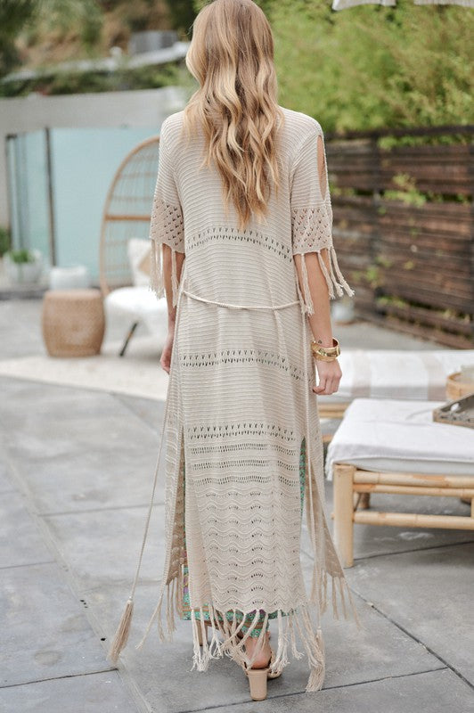 Solid Long Cardigan With Fringe by Davi &amp; Dani | Fleurcouture