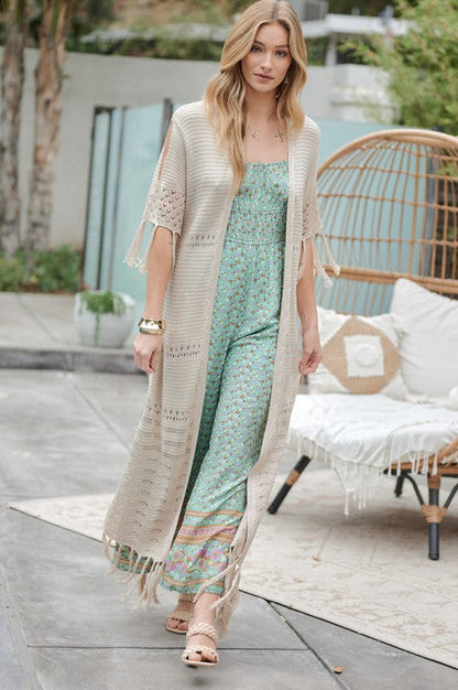 Solid Long Cardigan With Fringe by Davi &amp; Dani | Fleurcouture