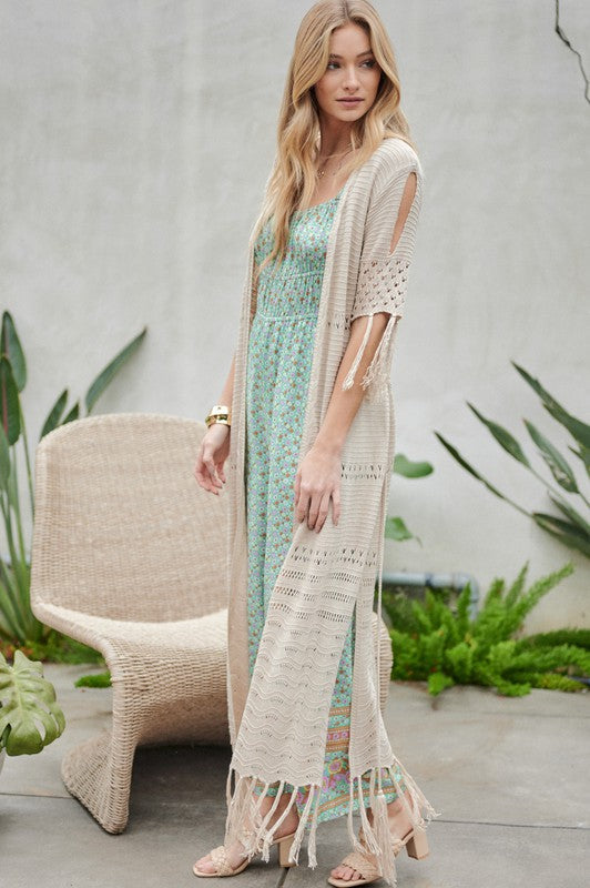 Solid Long Cardigan With Fringe by Davi &amp; Dani | Fleurcouture