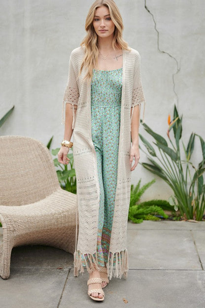 Solid Long Cardigan With Fringe by Davi &amp; Dani | Fleurcouture