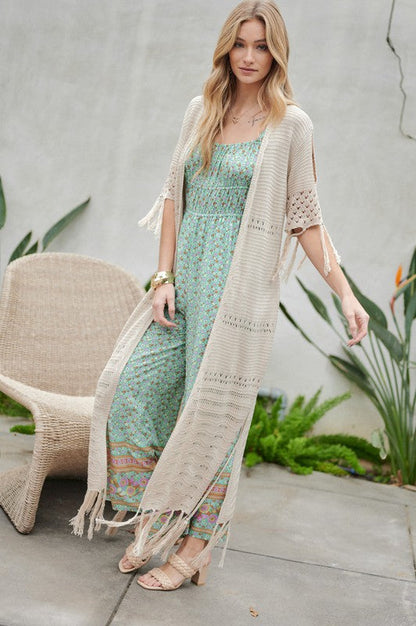 Solid Long Cardigan With Fringe by Davi &amp; Dani | Fleurcouture