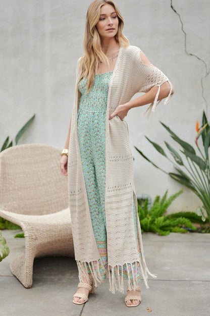 Solid Long Cardigan With Fringe by Davi &amp; Dani | Fleurcouture