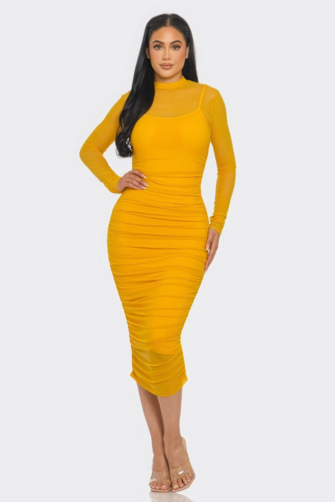 Solid Mesh Ruched Midi Dress by Fleurcouture | Fleurcouture