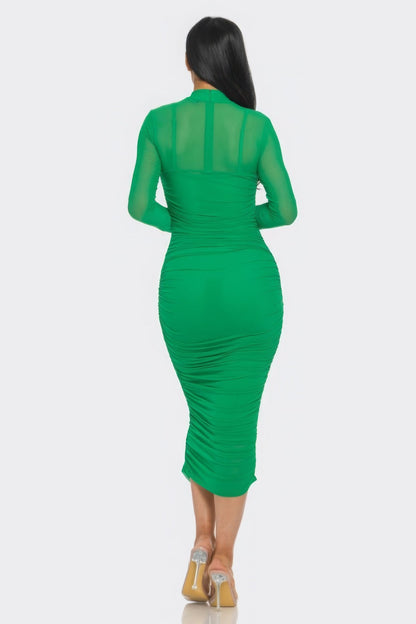 Solid Mesh Ruched Midi Dress by Fleurcouture | Fleurcouture