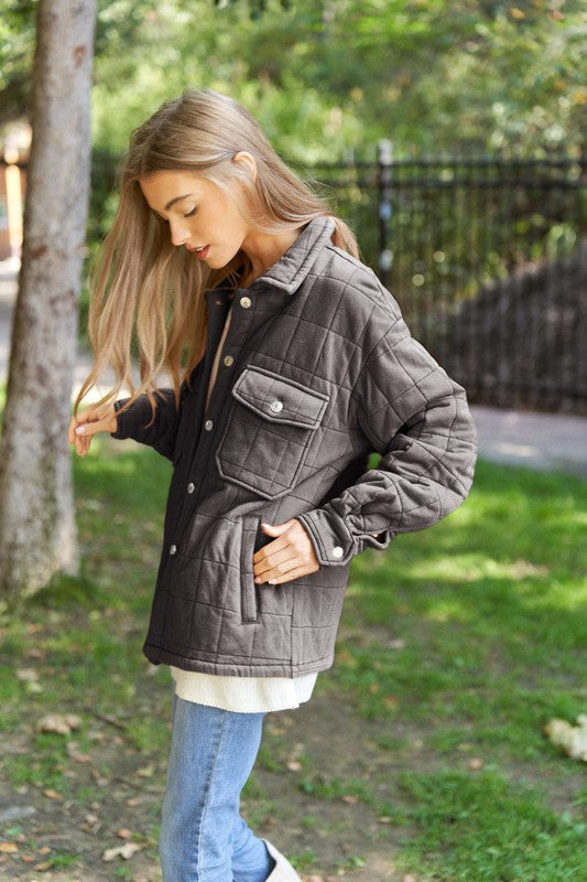 Solid Mineral Wash Quilted Pockets Shacket by Davi &amp; Dani | Fleurcouture