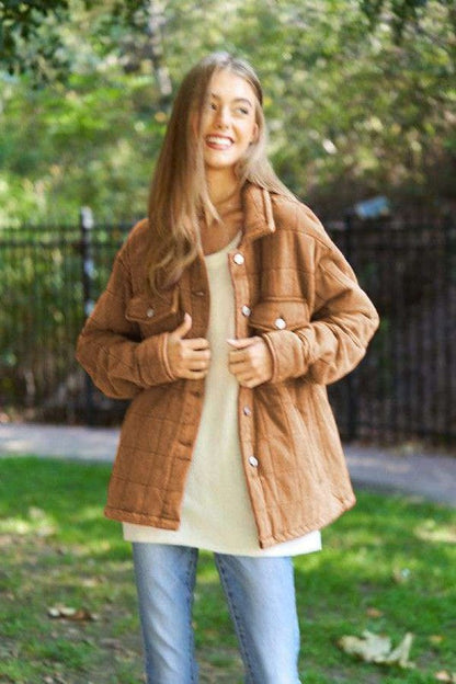 Solid Mineral Wash Quilted Pockets Shacket Mocha S by Davi &amp; Dani | Fleurcouture