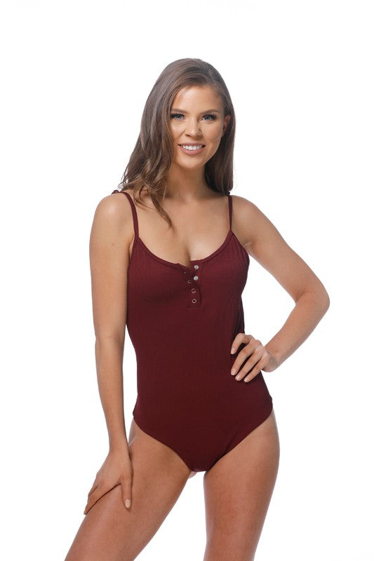 SOLID RIPPBED ONE PIECE SWIMSUIT WITH BUTTON Rust S by Beach Joy Bikini | Fleurcouture