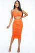 Solid Ruched Spaghetti Strap Tank Top And Midi Skirt Two Piece Set by Fleurcouture | Fleurcouture