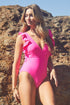 Solid Ruffle Sleeve One Piece Swimsuit Hot Pink S by Davi & Dani | Fleurcouture