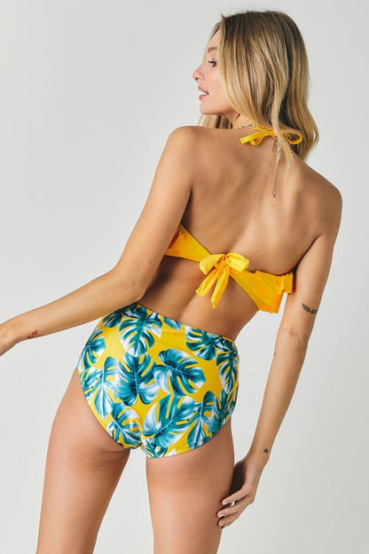 Solid Ruffle Top And Printed Bottom Swimsuit by Davi &amp; Dani | Fleurcouture