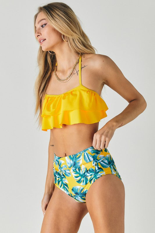 Solid Ruffle Top And Printed Bottom Swimsuit by Davi &amp; Dani | Fleurcouture