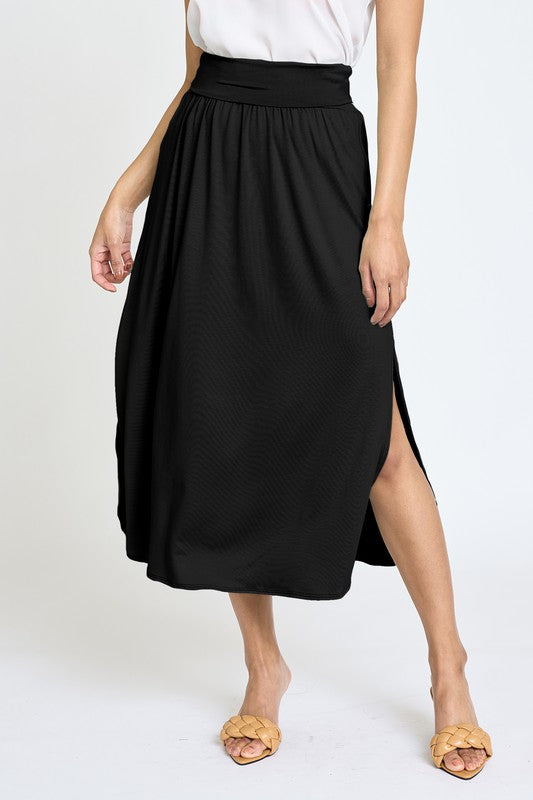 Solid Side Slit Midi Skirt Black S by EG fashion | Fleurcouture