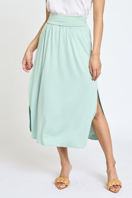 Solid Side Slit Midi Skirt Mint S by EG fashion | Fleurcouture