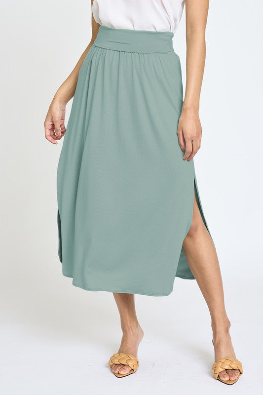 Solid Side Slit Midi Skirt sage S by EG fashion | Fleurcouture