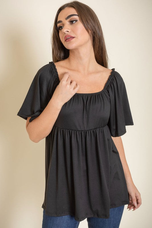 Solid Square Neck Babydoll Tunic Black S by EG fashion | Fleurcouture