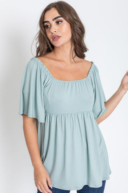 Solid Square Neck Babydoll Tunic sage S by EG fashion | Fleurcouture