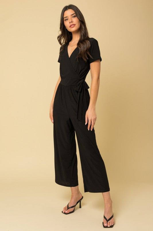 Solid Surplice Cropped Jumpsuit with Faux Wrap Black by Gilli | Fleurcouture