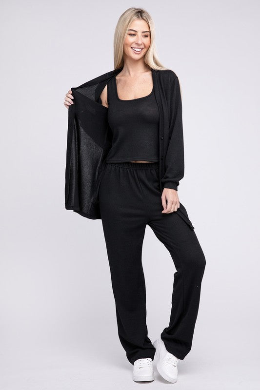 Solid Tank Top &amp; Pants &amp; Cardigan Black by Nuvi Apparel | Fleurcouture