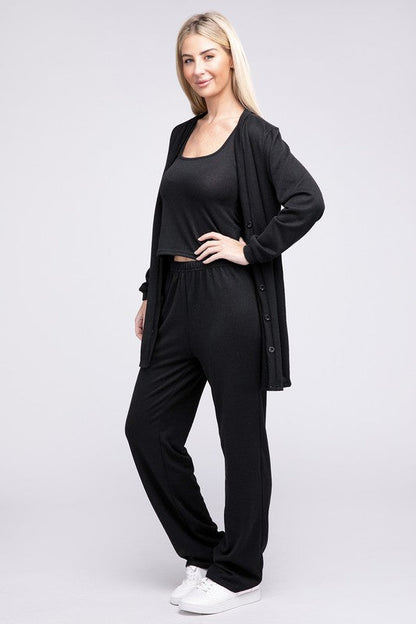 Solid Tank Top &amp; Pants &amp; Cardigan Black by Nuvi Apparel | Fleurcouture