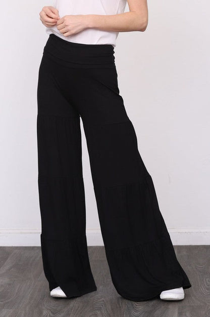 Solid Tiered Wide Leg Pants black S by EG fashion | Fleurcouture