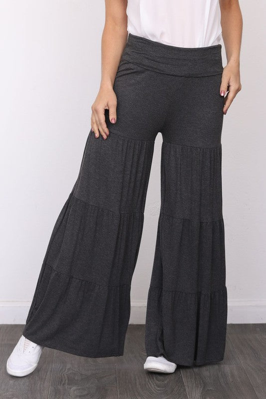 Solid Tiered Wide Leg Pants Charcoal S by EG fashion | Fleurcouture